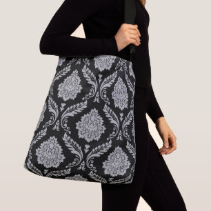 Bolsa Ajustável Rococó Damasco Grande Padrão Cinza no Preto