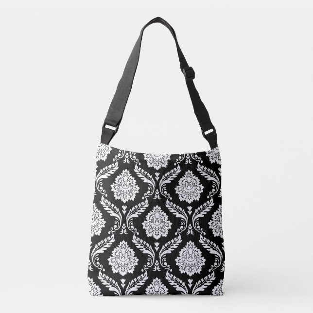 Bolsa Ajustável Rococó Damask Grande Padrão Branco no Preto (Frente)