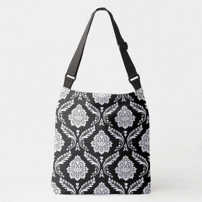 Bolsa Ajustável Rococó Damask Grande Padrão Branco no Preto (Frente)