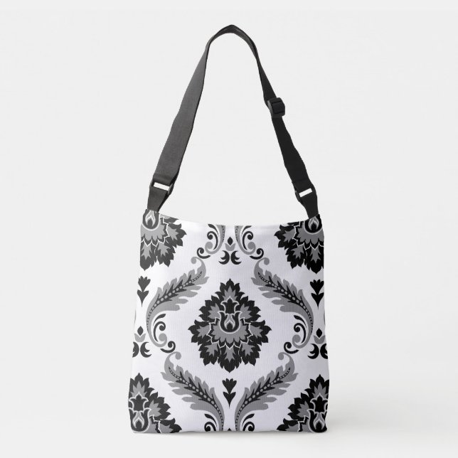 Bolsa Ajustável Rococo Damask Padrão Grande Cinza Preto Branco (Frente)