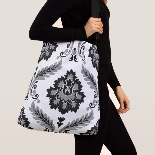 Bolsa Ajustável Rococo Damask Padrão Grande Cinza Preto Branco (Close Up)