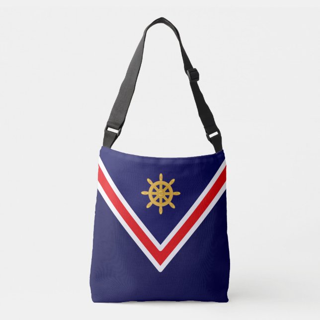 Bolsa Ajustável Roda do navio Ouro náutico em azul e branco Marinh (Frente)
