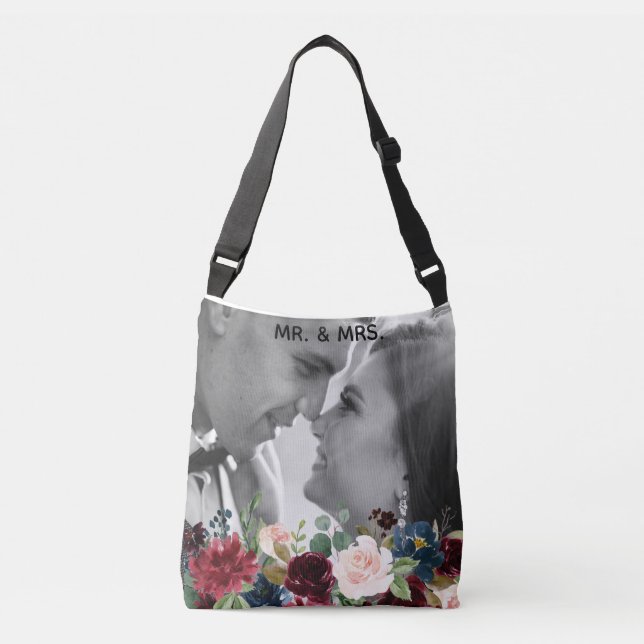 Bolsa Ajustável Rosa Corado Floral Elegante Foto Mr & Mrs (Frente)