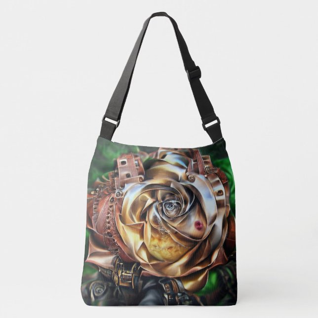 Bolsa Ajustável Rosa Steampunk com Face Surreal - Flor Mecânico (Frente)