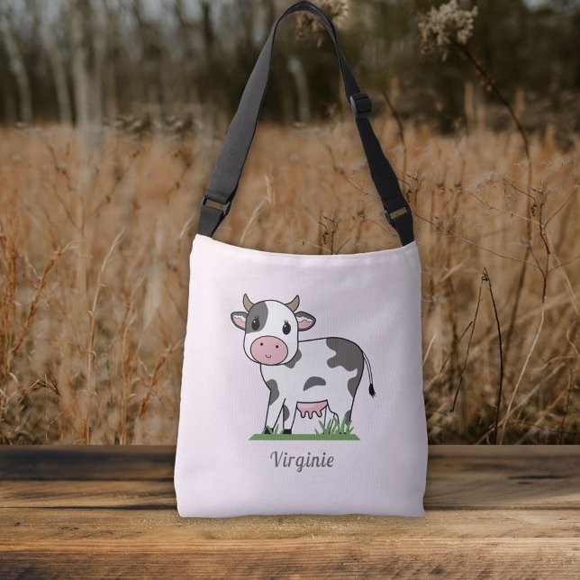 Bolsa Ajustável Saco cor-de-rosa cruzado com uma vaca branca (Crossbody pink Tote Bag with a Cute Cow)