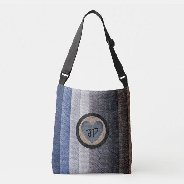 Bolsa Ajustável Saco de Tota Azul Elegante Monograma com Coração (Frente)