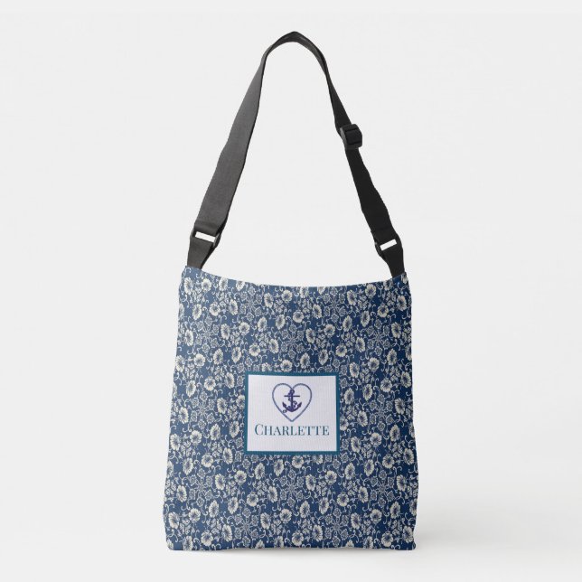Bolsa Ajustável Saco De Tota Floral, Azul E Branco, Marinho Monogr (Frente)
