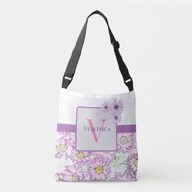 Bolsa Ajustável Saco De Tota Floral, Branco E Púrpura, Monograma (Frente)