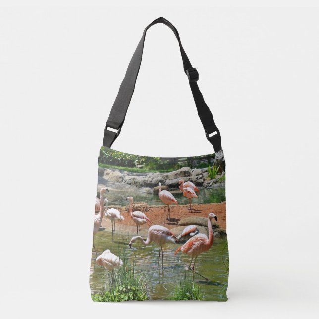 Bolsa Ajustável Saco Rosa Flamingos Crossbody (Frente)