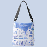 Bolsa Ajustável Santorini - Ilha Grega Personalizada Aquarela<br><div class="desc">Pintura de paisagem branca e azul de aquarela baseada na ilha grega de Santorini. Arte original de Nic Squirrell. Altere o nome para personalizar.</div>