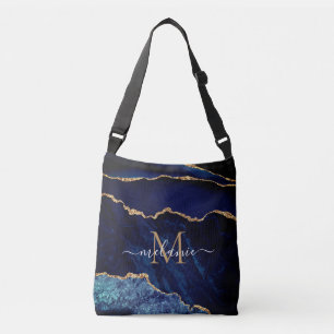 Bolsa Ajustável Seu nome - Letra Agate Marinho Azul Dourado Marble