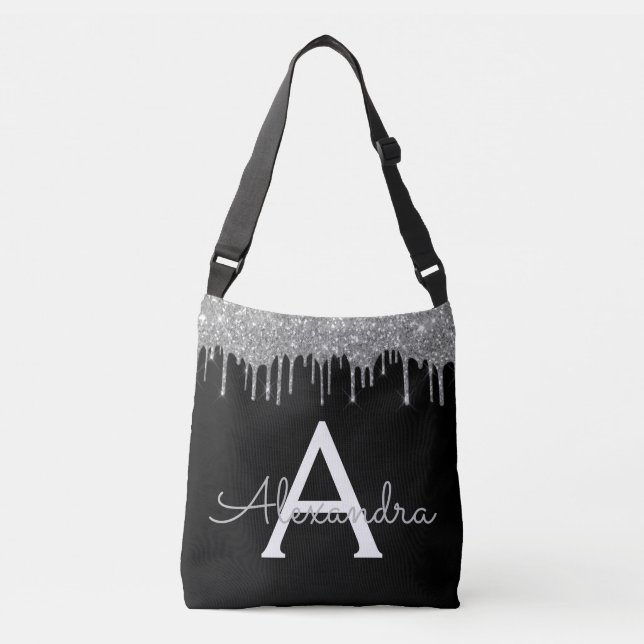 Bolsa Ajustável Silver Black Luxury Glitter Glam Monograma Nome (Frente)