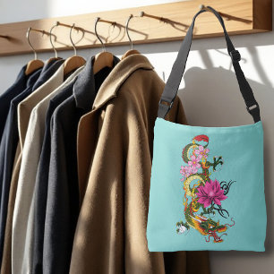 Bolsa Ajustável Tatuagem de Dragão Chinês Verde Ousado com Lótus e