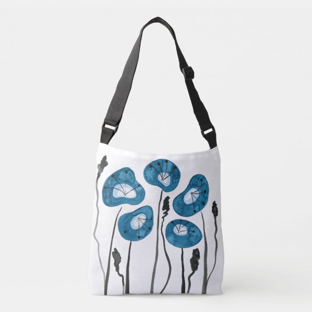Bolsa Ajustável Teal Blue Poppies Crossbody (Frente)