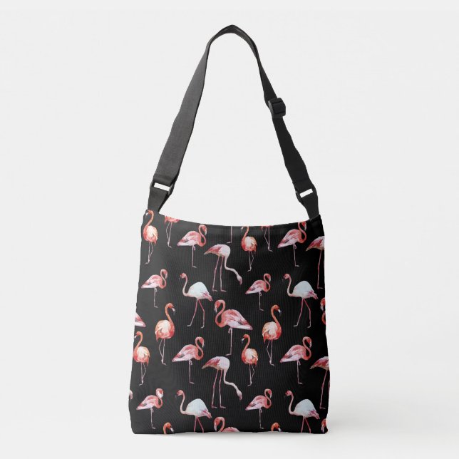 Bolsa Ajustável Teste padrão do preto do flamingo da aguarela (Frente)