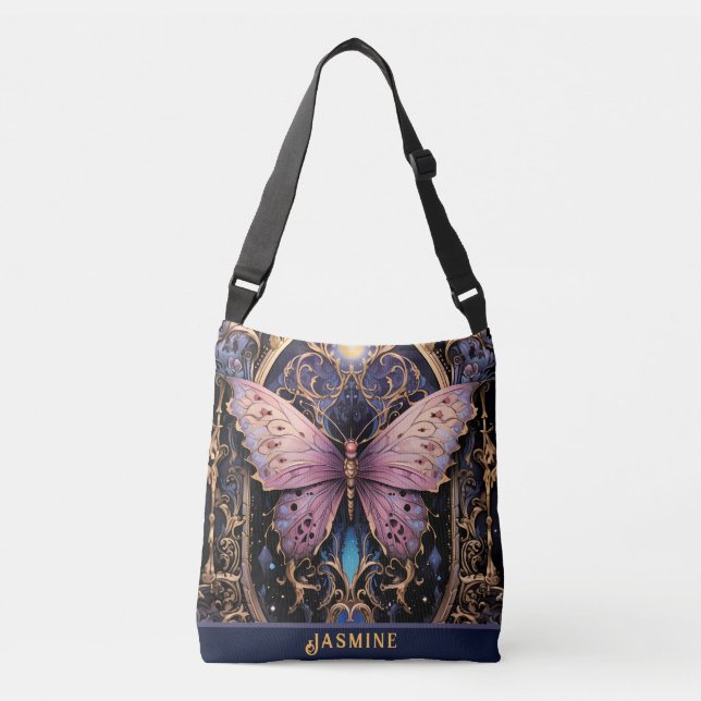 Bolsa Ajustável Trendy Art Deco Borboleta Dourada Rosa Púrpura (Frente)