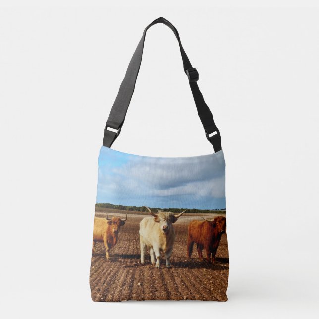 Bolsa Ajustável Três Vacas Altas, Unisex Crossbody Bag. (Frente)