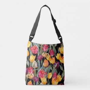 Bolsa Ajustável Tulipas coloridas, fundo preto isolado.