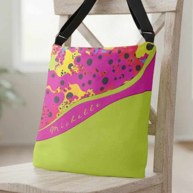 Bolsa Ajustável Verde Lima e Abstrato Pontilhado de Rosa (Cute hot pink and lime with black dots and you can customize the name making this bag fun and unique)