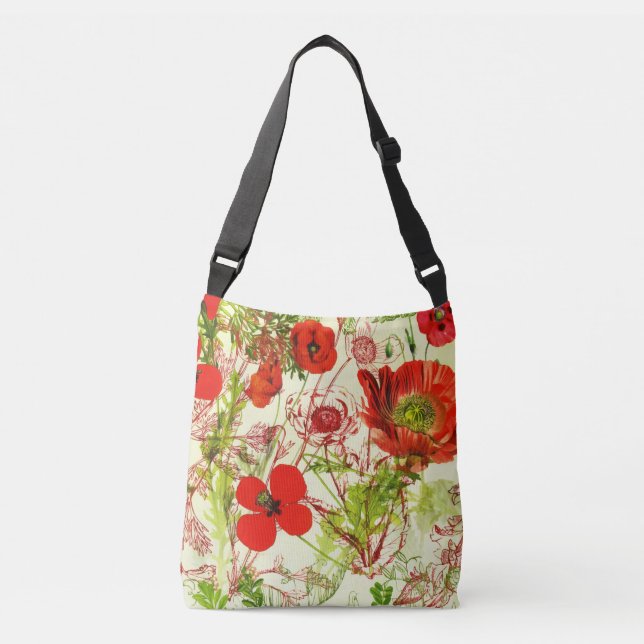 Bolsa Ajustável Vintage Red Green Poppies Summer Wilflower (Frente)