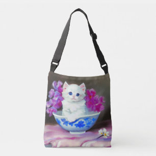 Bolsa Ajustável Vintage White Kitten com Flores Rosa