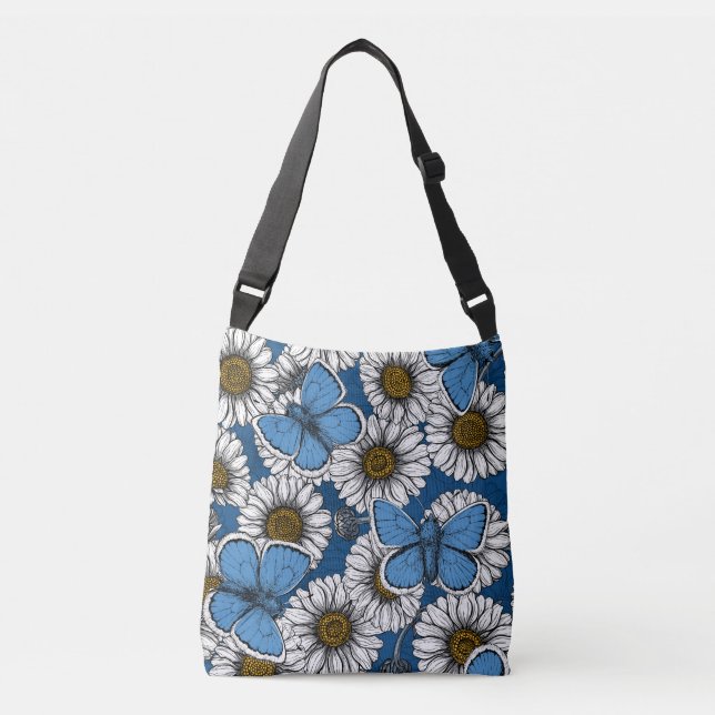 Bolsa Ajustável Visitas, flores brancas silvestres e borboletas az (Frente)