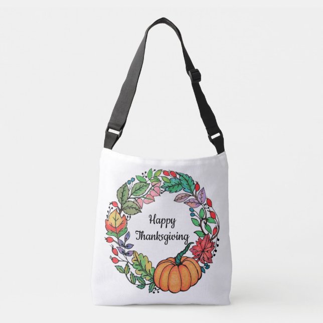Bolsa Ajustável Watercolor Belo Pumpkin Wreath com folhas (Frente)