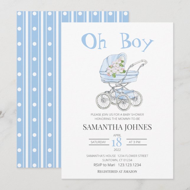 Bolsa de bebê azul Convite para Chá de fraldas de  (Frente/Verso)