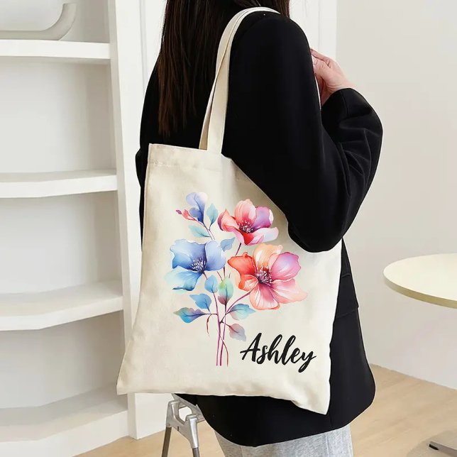 Bolsa de Flores de Aquarela Personalizada para Dam (watercolor flowers tote bag, floral tote bag, personalized bag, best mom ever gift, bridesmaid gift)