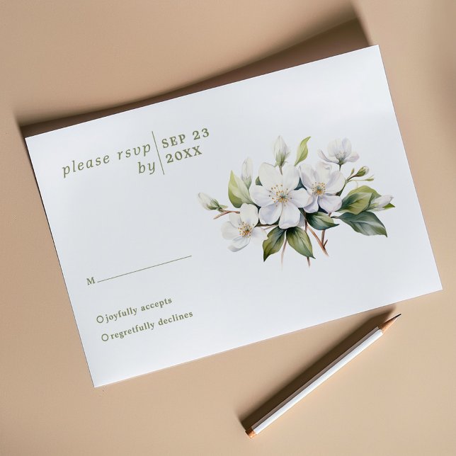 Bolsa de flores de maçã branca, cartão rsvp (White apple blossom flower wedding rsvp response card)