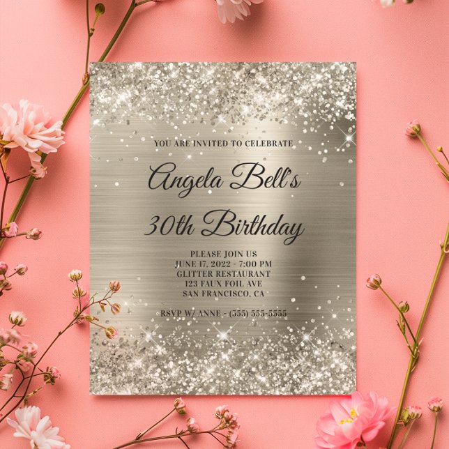 Bolsa de Folha de Platina com Gliteria de Orçament (Budget Glittery Platinum Foil Glam Invitation)
