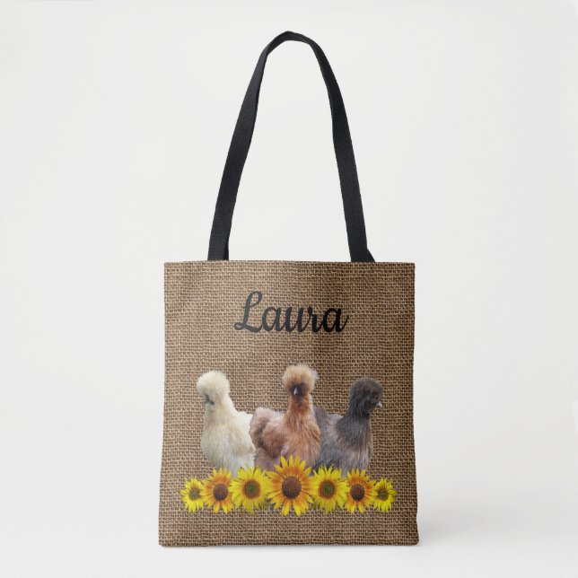 Bolsa de frango Seu Nome Silkies Sunflower Burlap (Frente)