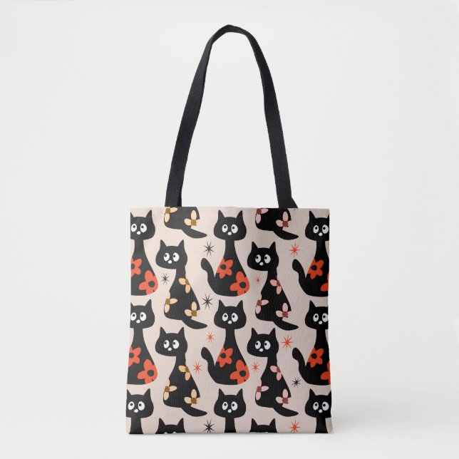 Bolsa de Gatos Pretos Florais Retro (bege Suave) (Frente)