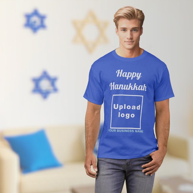 Bolsa de Hanukkah Saudação à Camisa Real Azul (Hanukkah greeting, business name and logo on royal blue t-shirt)