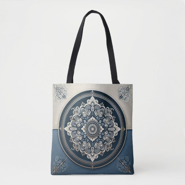 Bolsa de Mão Azul e Bege Estilo Damask (Frente)