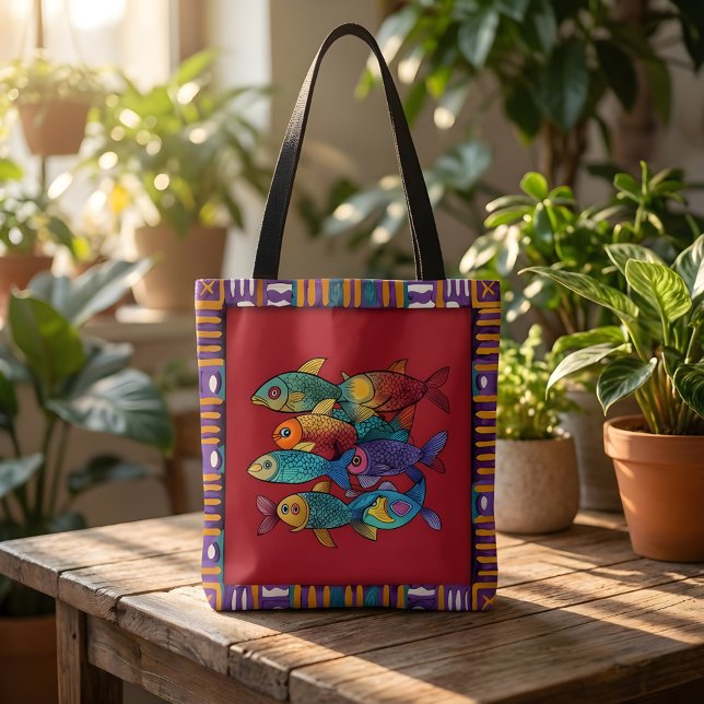 Bolsa de mão colorida de peixes com arte vibrante  (Criador carregado)