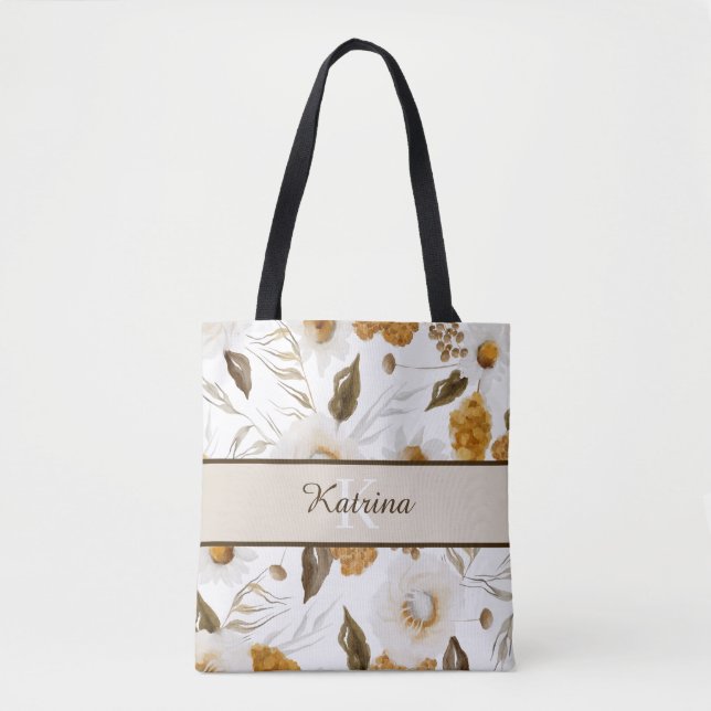 Bolsa de mão com flores em aquarela e monograma (Frente)