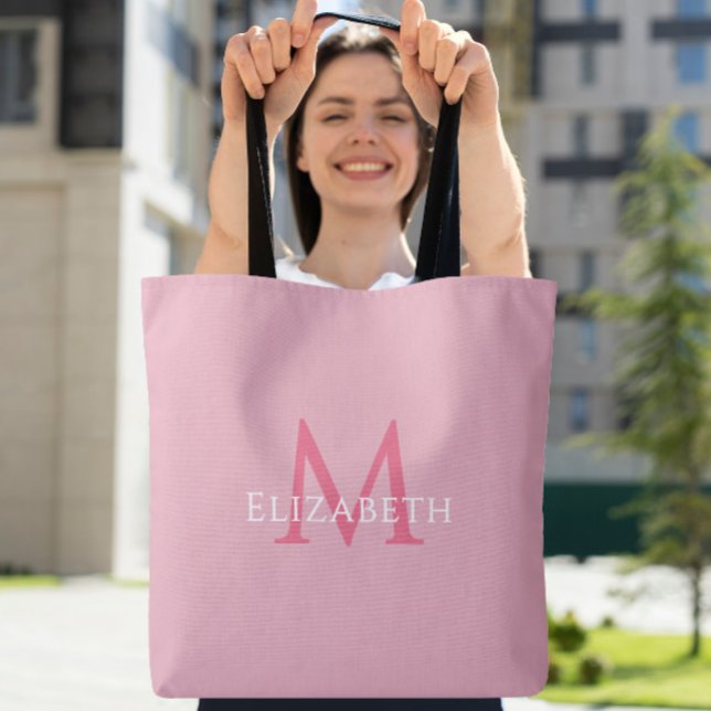 Bolsa de mão com inicial do nome moderna monograma (Pink Monogram Modern Name Initial Tote)