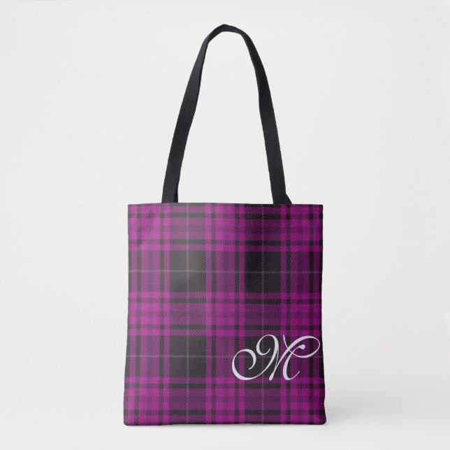 Bolsa de mão com monograma em xadrez roxo (Frente)