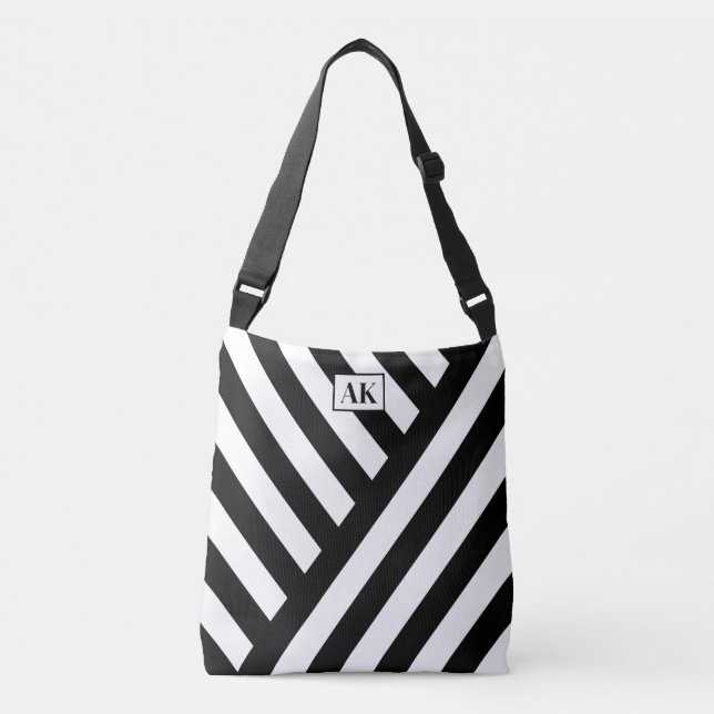 Bolsa de mão com monograma listrada em preto e bra (Frente)