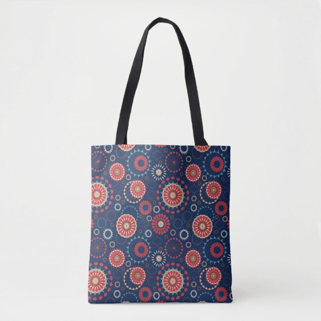 Bolsa de mão com padrão geométrico azul marinho (Frente)