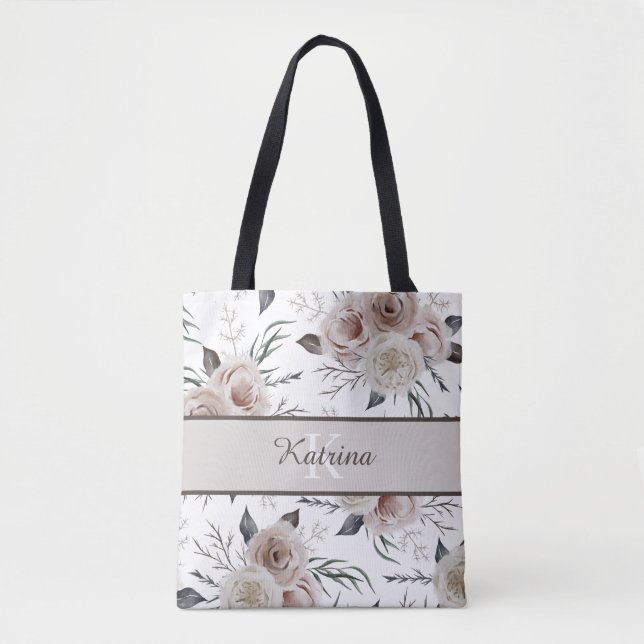 Bolsa de mão com rosa em aquarela monogramada (Frente)