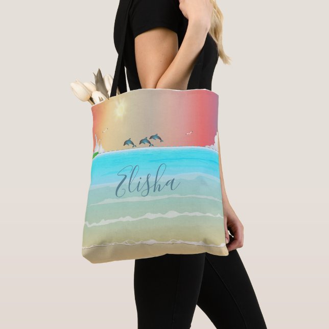 Bolsa de mão com tema de praia com golfinhos Farol (Close Up)
