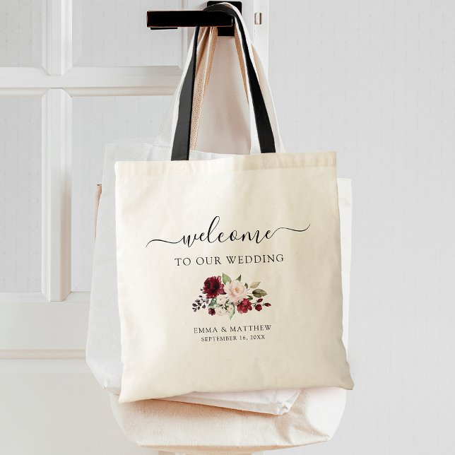 Bolsa de mão de casamento floral de boas-vindas de (Simple Script Welcome Floral Wedding Tote Bag)