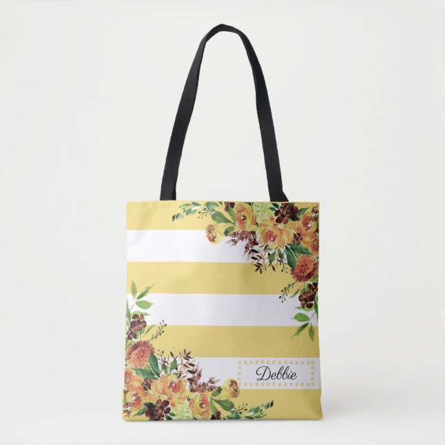 Bolsa de mão de Flores Amarelas Bonitas e Listras (Frente)