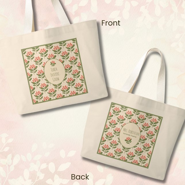 Bolsa de mão floral personalizada para professores (Personalized Floral Teacher Tote Bag • Custom Name & Grade • Teach Inspire Grow Gift for Teacher )