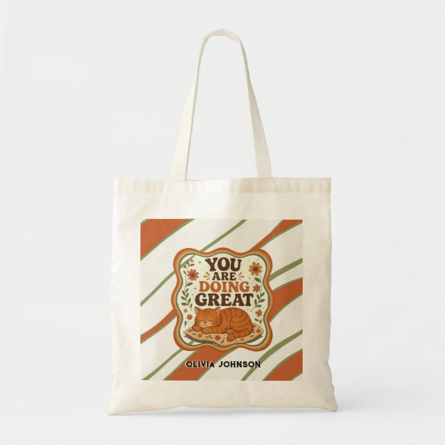 Bolsa de mão motivacional com gato listrado retrô (Frente)