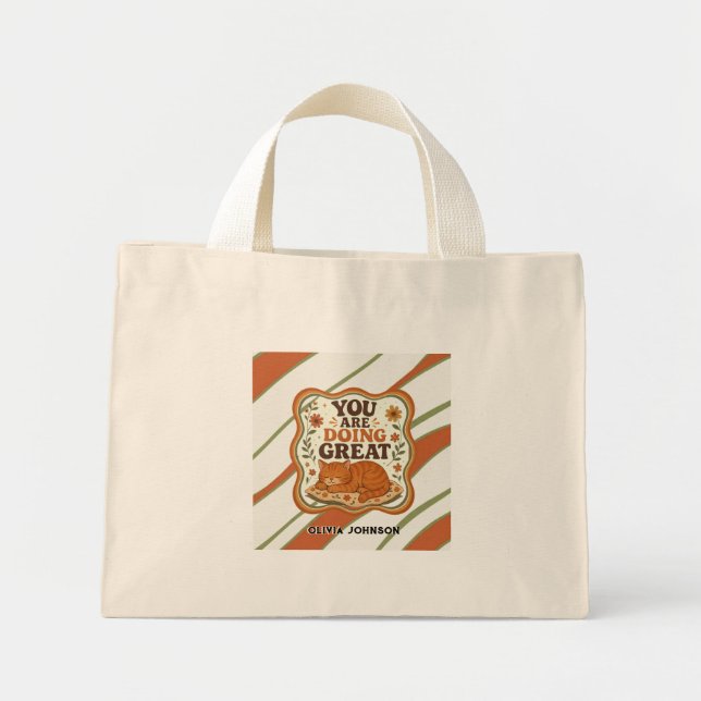Bolsa de mão motivacional com gato listrado retrô (Frente)