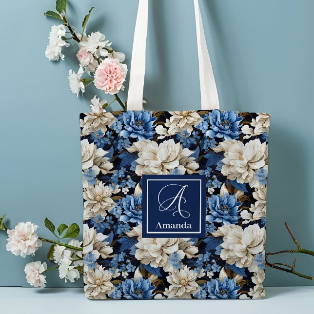 Bolsa de Mão Personalizada com Flores de Marfim Az (Trendy Blue Ivory Flowers Personalized Tote Bag)