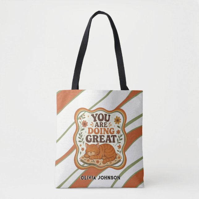 Bolsa de mão personalizada com listras retrô e gat (Frente)